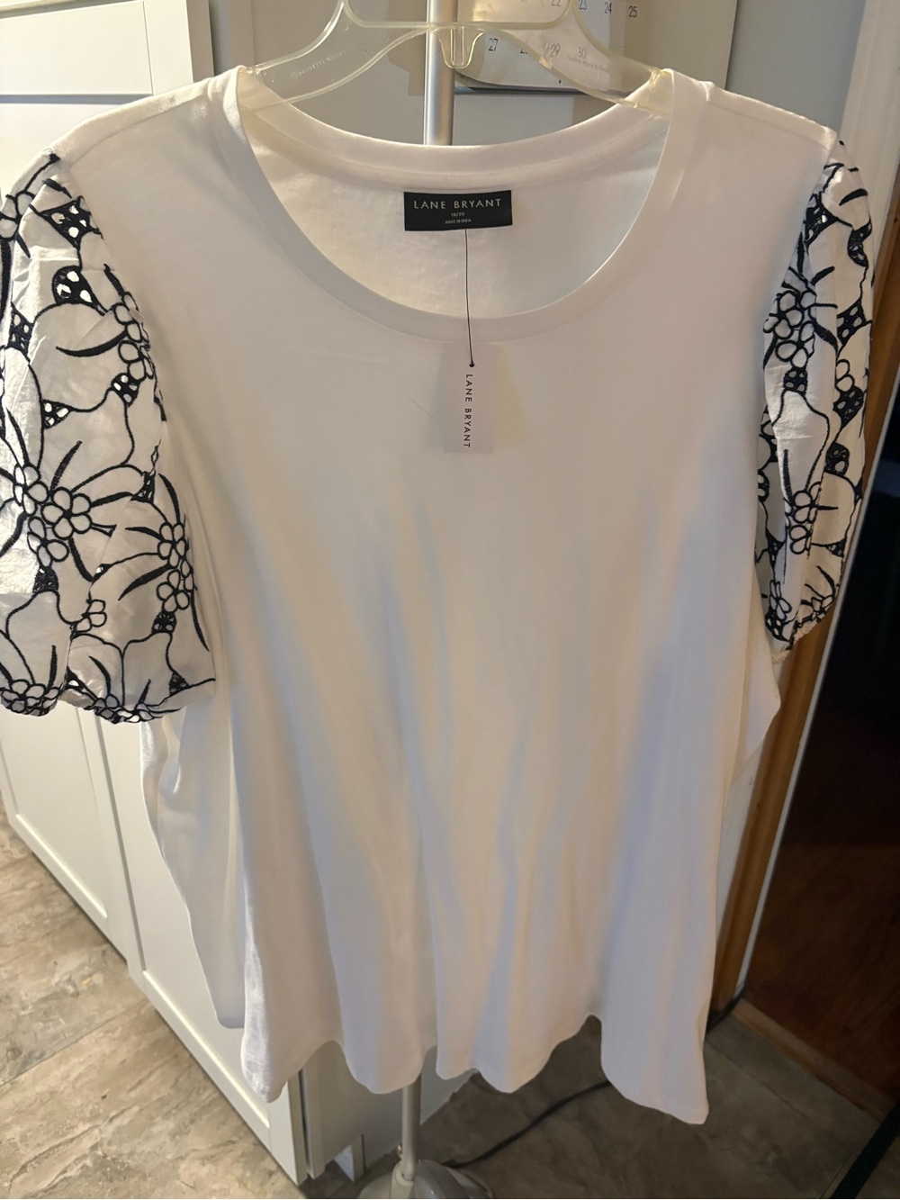 Lane Bryant White Tee with Black Floral Lace Puff Sleeves